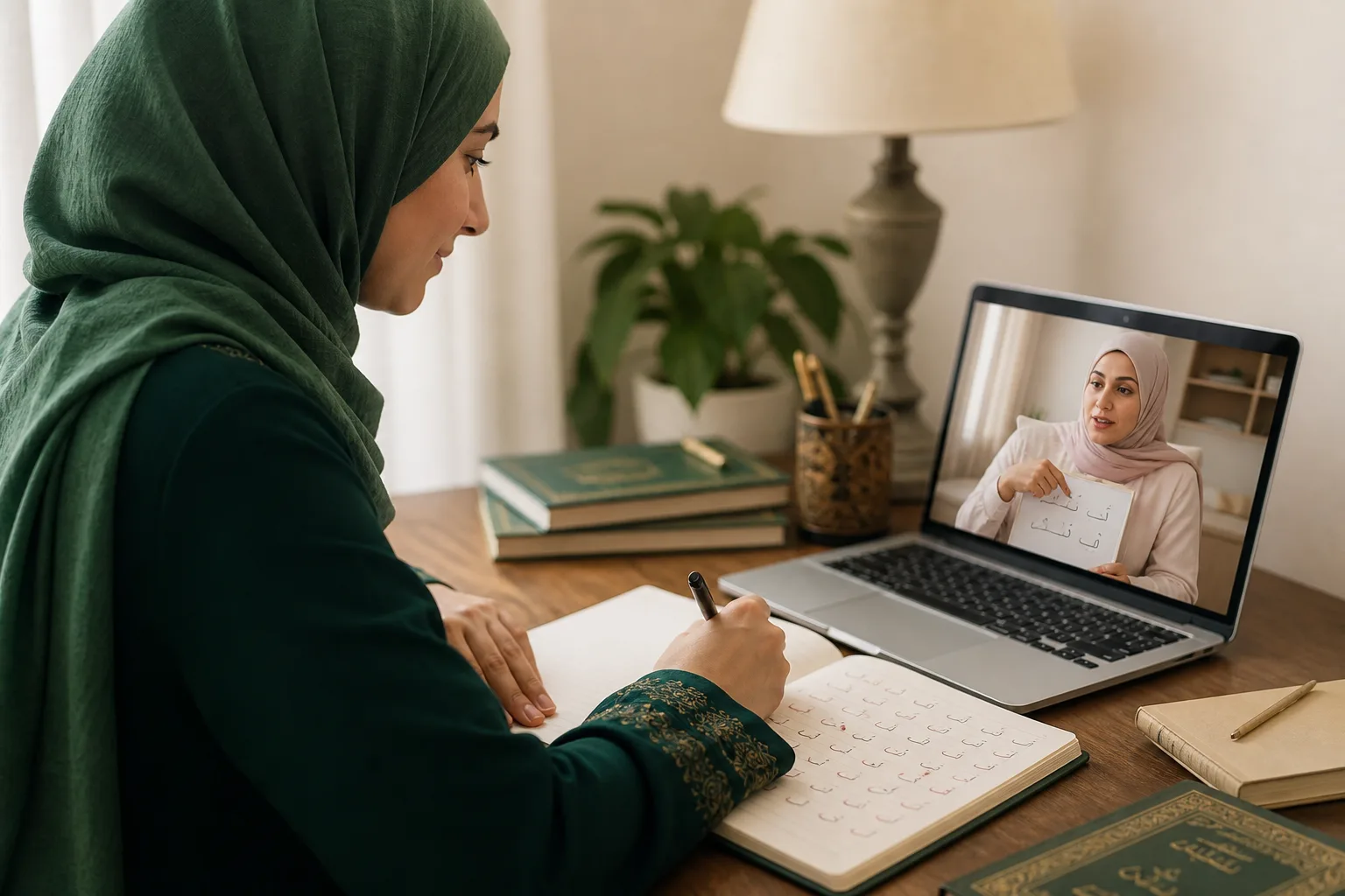 Adult learner practicing Arabic writing with a teacher guiding from a laptop screen
