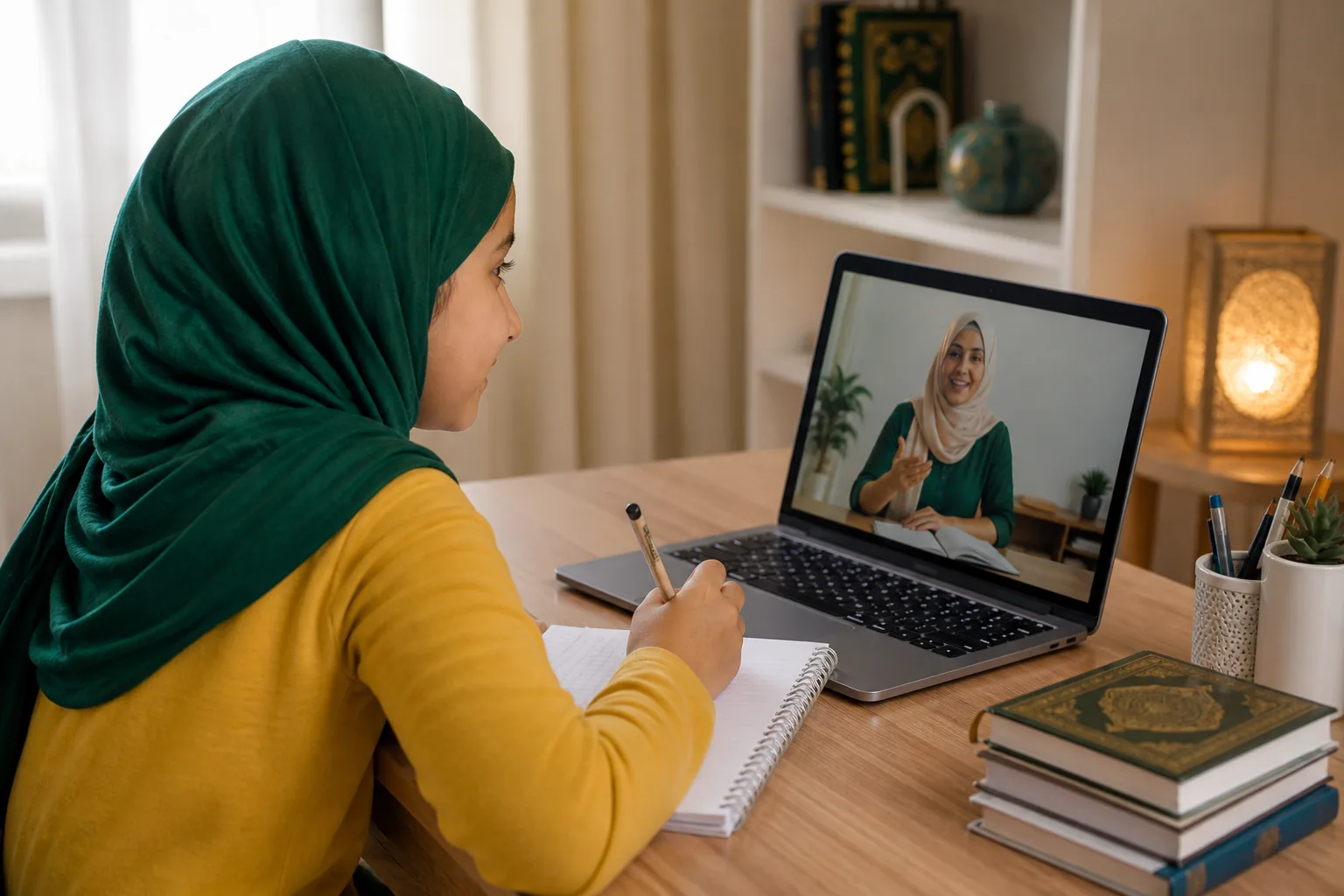Child taking notes during an online Islamic Studies lesson with a teacher on a laptop
