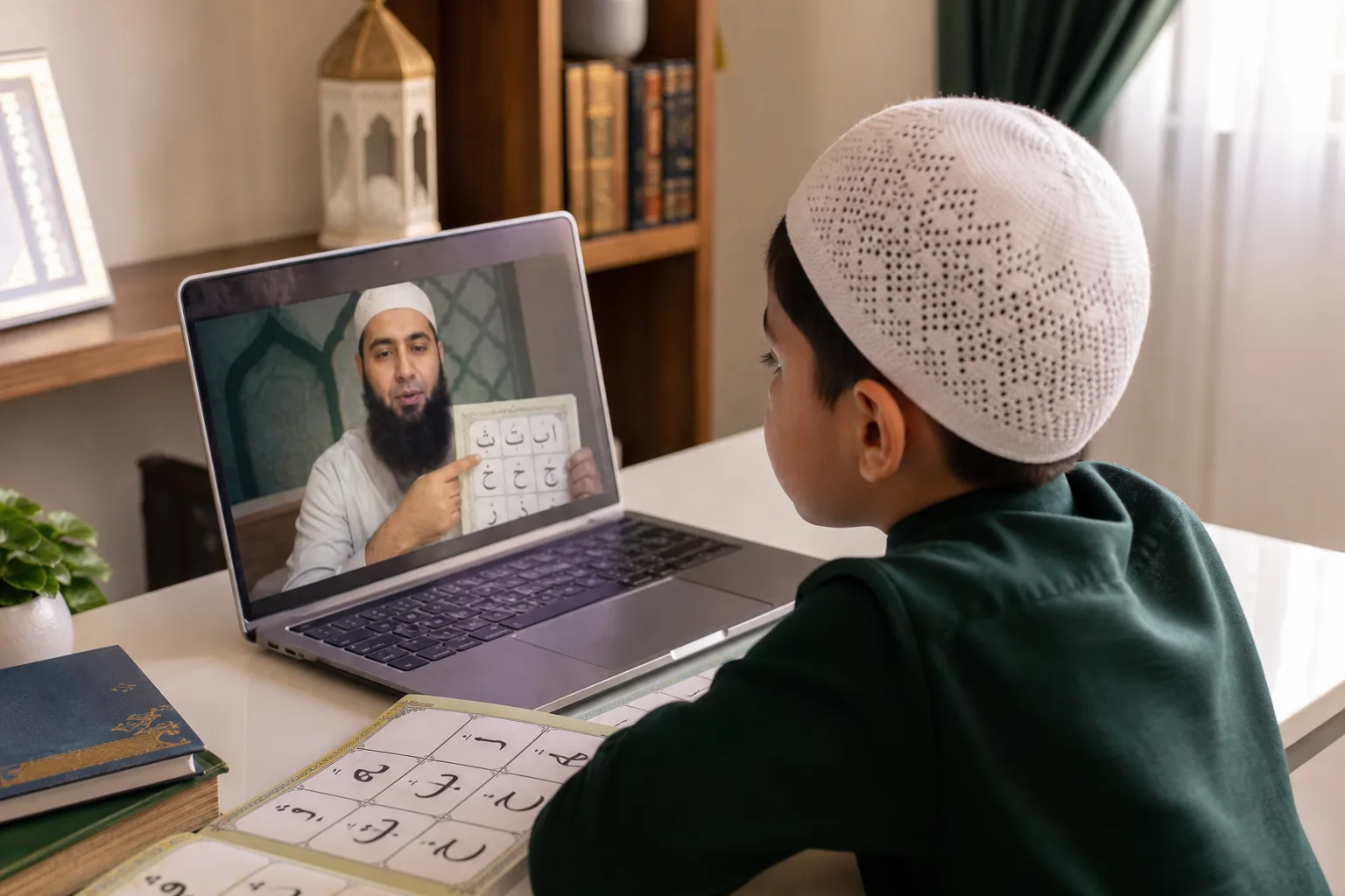 Young beginner student learning Noorani Qaida online with a teacher showing Arabic letters on a laptop